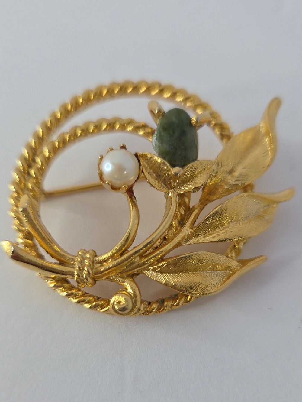 Sarah Coventry "Jade Garden" brooch from the 1960s featuring a cultured pearl